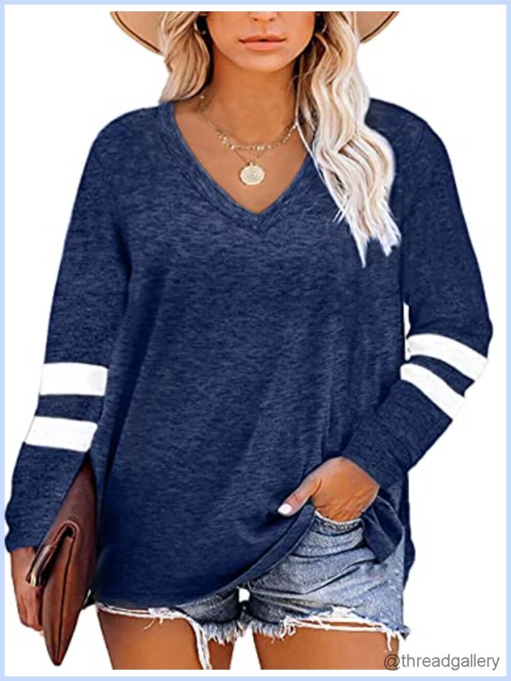 Womens Plus Size Tunic Top V Neck Color Block Long Sleeve Casual Loose Fit
